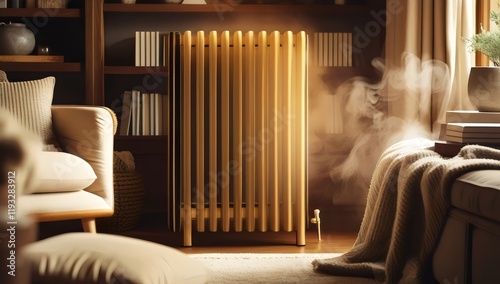Cozy Living Room with Golden Vertical Radiator Emitting Steam, Featuring Cushioned Chair, Knitted Blanket, Books, and Potted Plant for Warm Interior Design