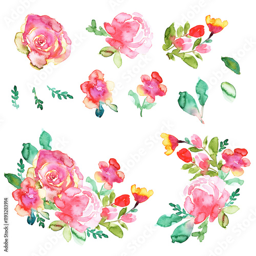 Fototapeta Naklejka Na Ścianę i Meble -  real painting, watercolor, floral elements, transparent background, separate elements, clusters, hand painted