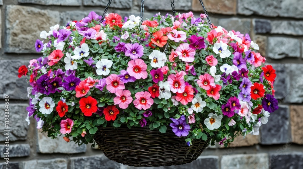 A beautiful hanging basket overflowing with colorful flowers, adding charm to a garden patio A beautiful hanging basket overflowing with colorful flowers, adding charm to a garden patio