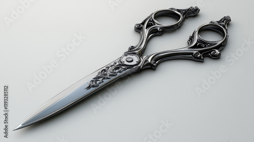 Ornate silver scissors on white background photo