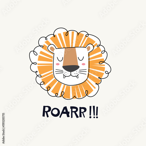 Cute lion vector illustration, childish background with roaring text