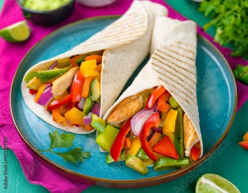Mexican fajita wraps with grilled chicken fillet and fresh vegetables