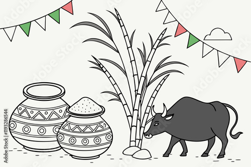 Artistic monochrome sketch showcasing clay pots, sugarcane, and a bull in a cultural harvest festival setup highlighting traditional artistry.