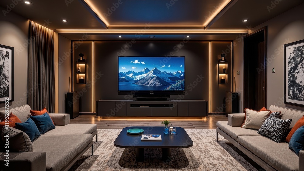 Fototapeta premium Cozy home theater graced by two plush gray sofas, adorned with vibrant blue and orange pillows. A chic gray-white patterned rug anchors the space, inviting relaxation