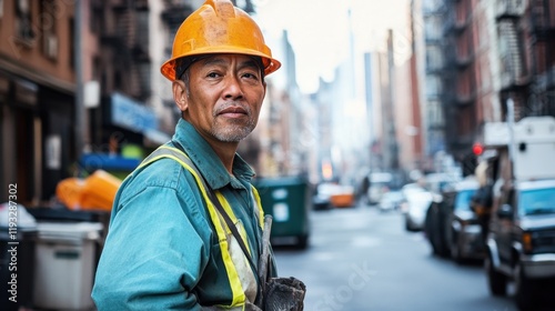 City Sanitation Worker Managing Trash Disposal photo