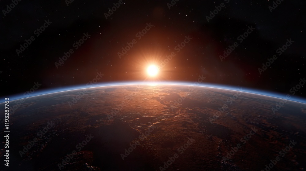 Fototapeta premium Stunning Blue Sunrise Illuminating Earth's Surface from Space, Blue sunrise earth concept.