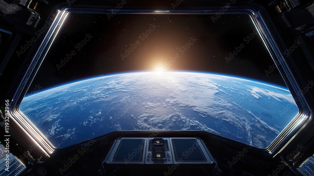 Obraz premium Captivating View of Earth's Blue Sunrise from Space Window, Blue sunrise earth concept.