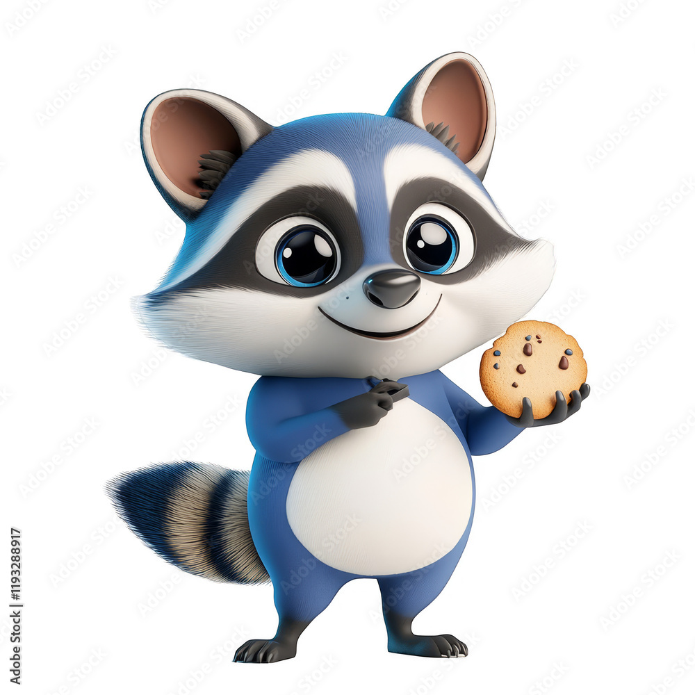 Fototapeta premium Playful cartoon raccoon enjoying a cookie animation studio character design whimsical environment front view fun concept
