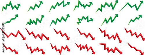 up, rise, bull trend arrows and down, fall, bear market forex business analytics line templates in green and red 3D collection 