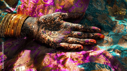 A hand adorned with intricate henna designs, resting gracefully on colorful fabric at a traditional celebration photo