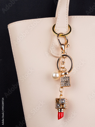 close up of cute bright red lipstick keychain with white rhinestone case on white bag photo