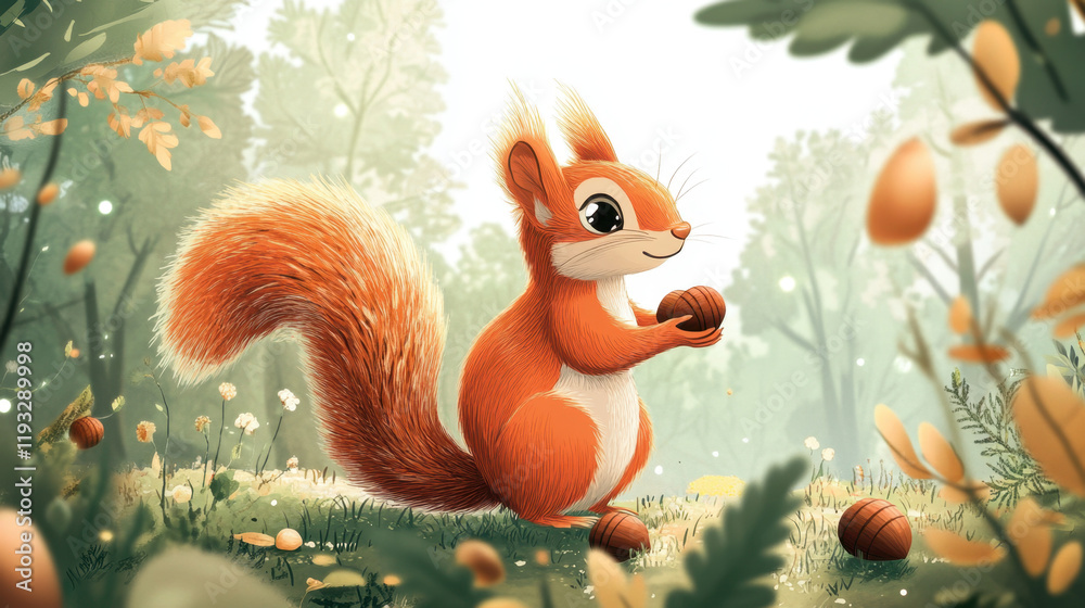 Naklejka premium Cute squirrel in autumn forest with acorns.