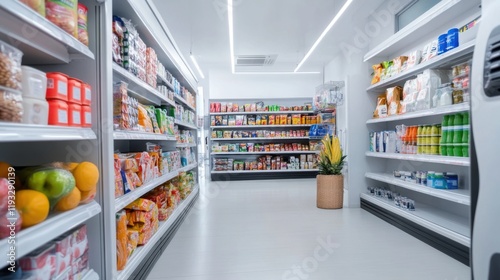 Bright and Organized Aisle of a Modern Grocery Store with Colorful Shelves Full of Fresh Products