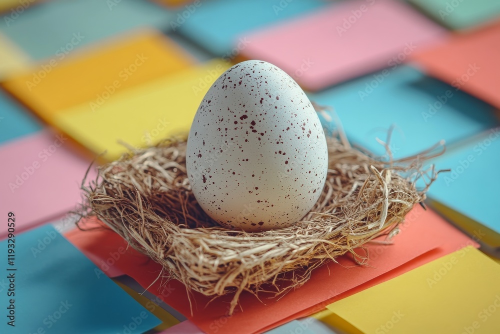 Obraz premium Easter Egg in Nest on Colorful Notes Background