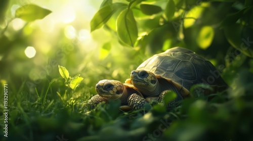 Two baby turtles in lush green foliage, sunlight filtering through.  Nature, wildlife, adorable, peace,  perfect for a nature scene, or kids' book photo