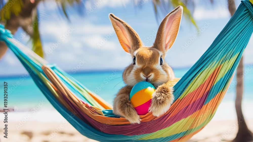 A fluffy rabbit enjoys a sunny Easter day in a hammock near the beach, holding a colorful egg, surrounded by palm trees and ocean waves