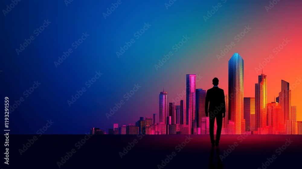 Silhouette of a businessman standing against a vibrant city skyline during twilight, showcasing urban life and ambition Silhouette of a businessman standing against a vibrant city skyline during twilight, showcasing urban life and ambition
