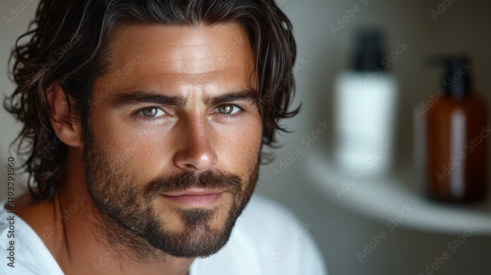 Fototapeta premium A man with striking features glances thoughtfully in a cozy environment