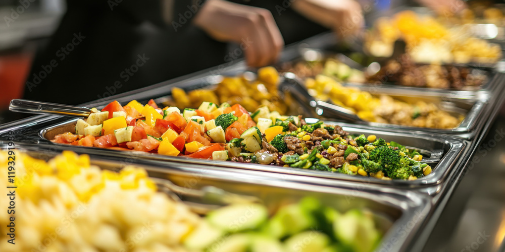 Obraz premium Colorful buffet with diverse fresh food trays.