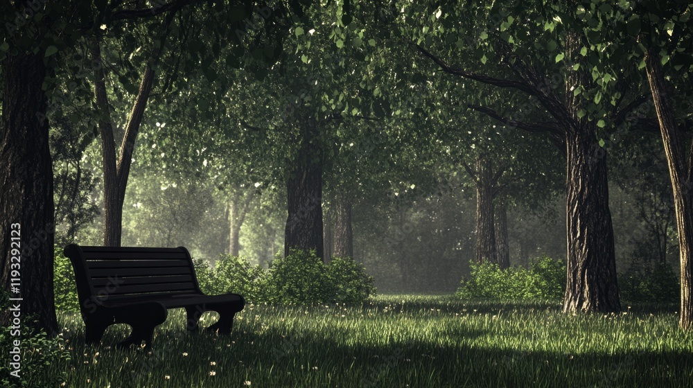 Serene Forest Scene with Empty Bench Surrounded by Lush Greenery Serene Forest Scene with Empty Bench Surrounded by Lush Greenery