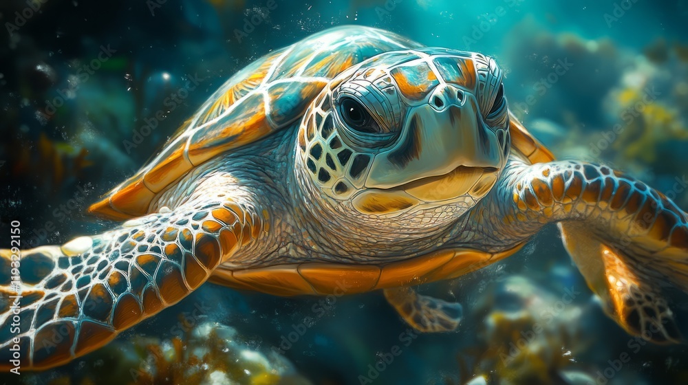 Obraz premium A graceful sea turtle swims effortlessly among colorful coral reefs