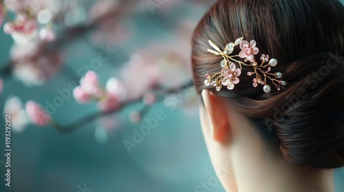 A traditional hairpin with ornate designs and gemstones, being gently slid into place to secure a neatly styled bun on a bride preparing for her big day