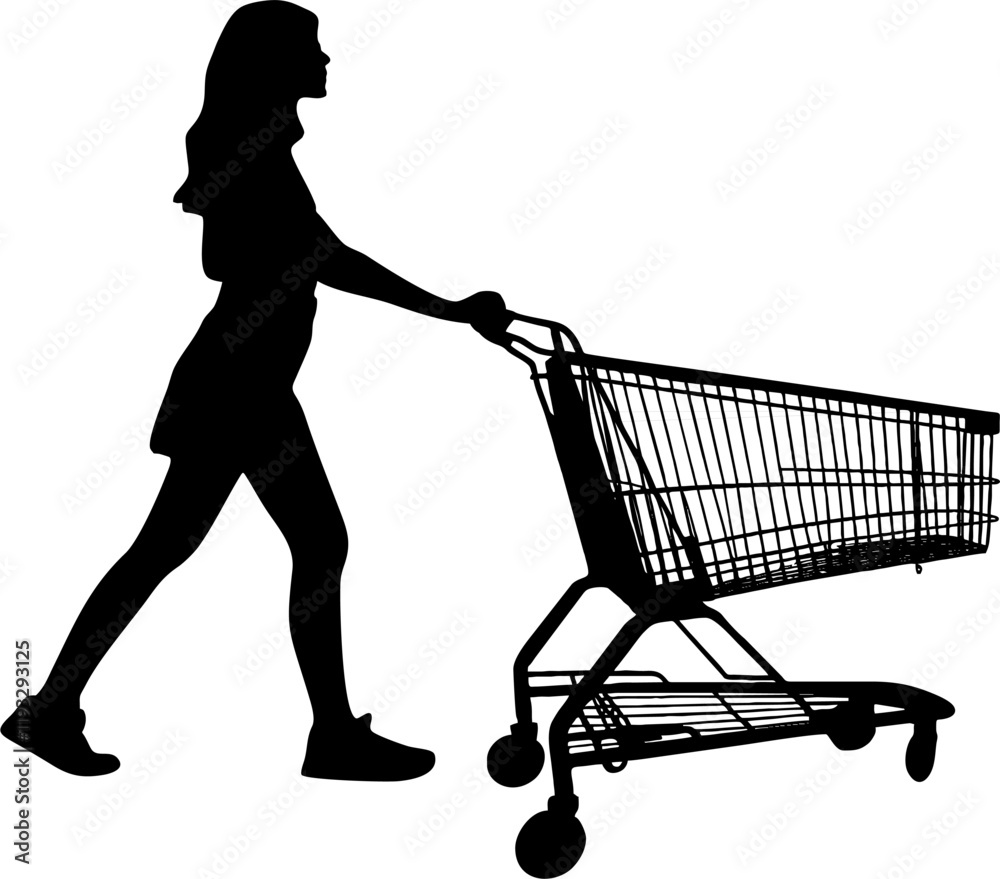 silhouette of a woman pushing shoping cart silhouette of a woman pushing shoping cart