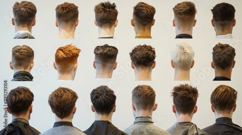 A montage of haircut styles displayed on a salon wall, showcasing a variety of options from short trims to elaborate cuts, appealing to diverse tastes photo