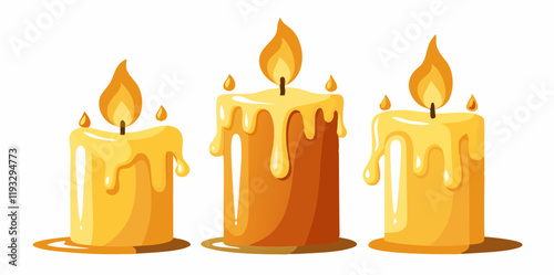 Wax candles melting with flames flickering in soft light, Vibrant Candlelight Art for Festive and Decorative Themes on a white background.