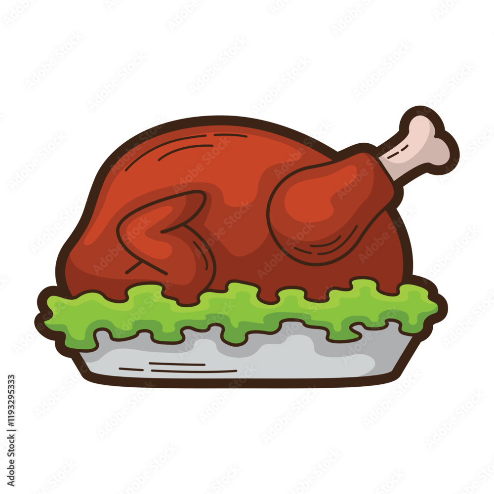 Roasted chicken on greens in a serving dish. Ideal for food blogs, restaurant promotions, recipe books, and cooking websites