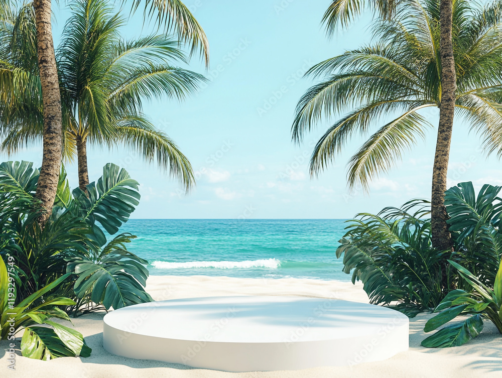 Fototapeta premium A serene beach scene with trees framing a circular white platform, surrounded by sand and tropical plants, with the ocean in the background.
