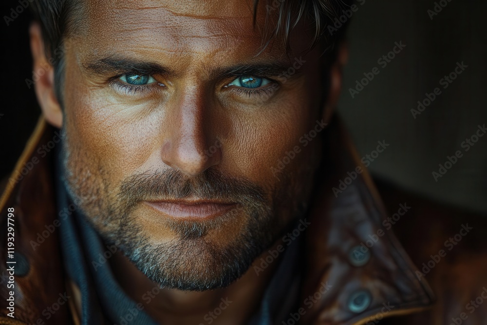 Fototapeta premium close-up shot of a man in a leather jacket, capturing the texture of the fabric and the intensity in his eyes, exuding a sense of confidence and style