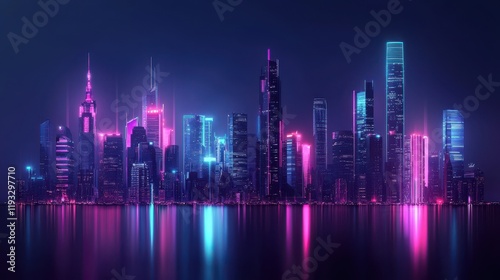 Futuristic gothic city skyline aerial nightscape digital art