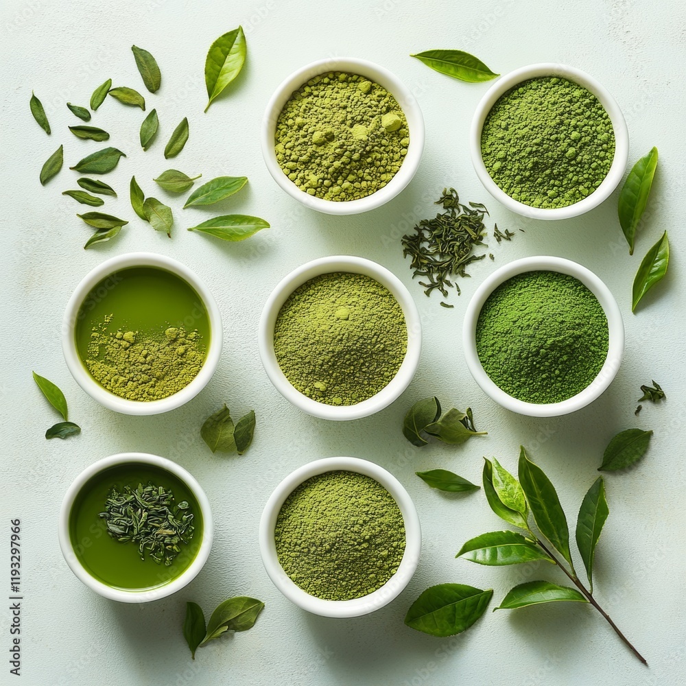 Variety of green powders and leaves displayed. Variety of green powders and leaves displayed.