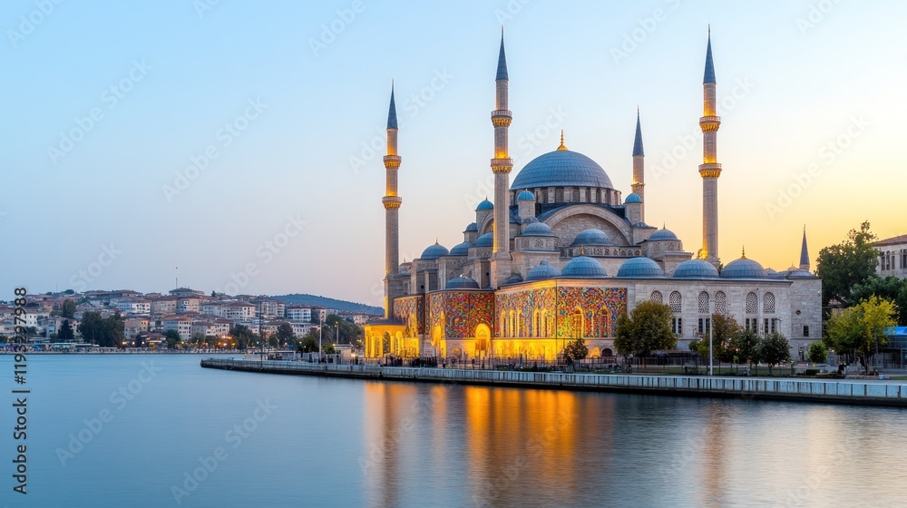 Obraz premium Illuminated Mosque by Water at Dusk
