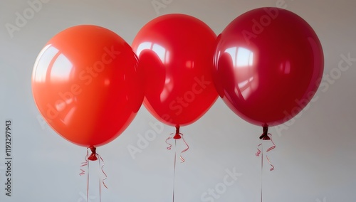 Three Large Helium-Filled Balloons in Vivid Shades of Red with Shiny Glossy Surfaces and Hanging Ribbons, Showcasing Simple yet Striking Party Decoration