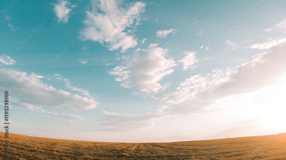 Obraz premium Vast open field beneath a bright blue sky, with soft white clouds scattered across the horizon. The golden glow of sunlight enhances the peaceful landscape