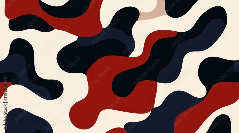 Abstract camouflage pattern featuring dynamic fluid shapes in rich colors of red, navy blue, cream, and black on a light background Abstract camouflage pattern featuring dynamic fluid shapes in rich colors of red, navy blue, cream, and black on a light background