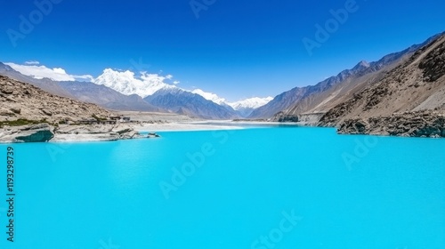 Breathtaking landscape featuring a stunning turquoise lake surrounded by majestic mountains under a clear blue sky