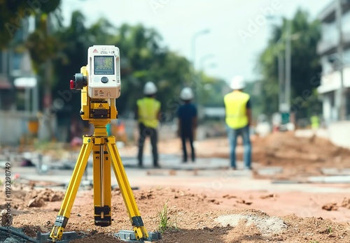 A yellow theodolite is placed on three legs in an open field, with workers wearing safety helmets and green jackets walking around outdoors. photo