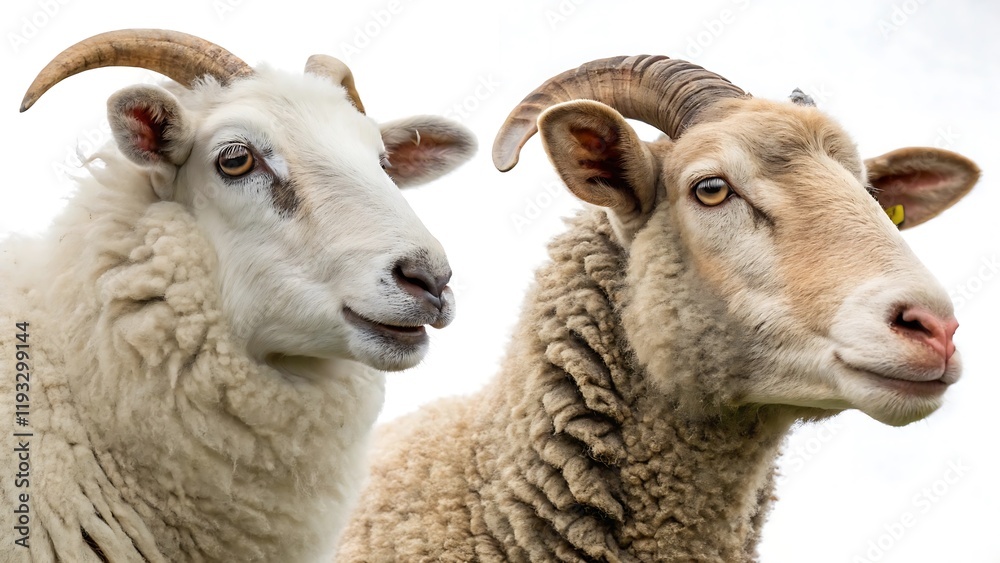 Fototapeta premium Set of sheep portraits on transparent background. Domestic and wild animal concept