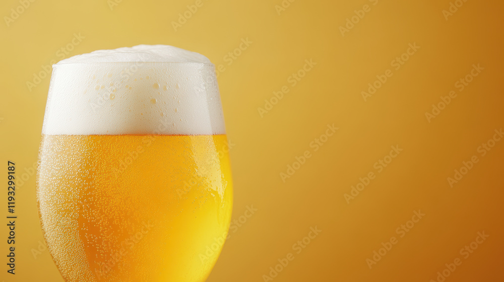 Refreshing cold beer in a frosty glass against a vibrant yellow backdrop Refreshing cold beer in a frosty glass against a vibrant yellow backdrop