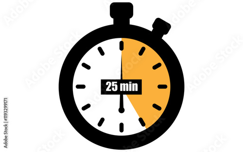 twenty five minutes stopwatch icon, 25 min waiting time vector illustration, stopwatch with 25 minutes	