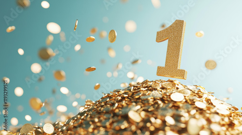 Gold coins falling with a big golden number one on a pile against a blue background