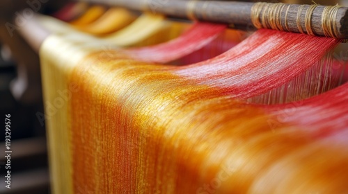 Vibrant threads on a traditional weaving loom. photo