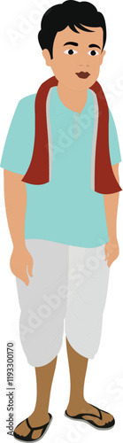 Indian man in dhoti kurta. Indian traditional young man, wearing traditional dress with dhoti, kurta, scarf and slippers. Bengali north Indian man full body standing cartoon character.