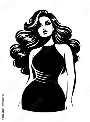 A vector silhouette of a stylish female model with long hair isolated on a white background.