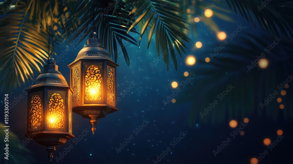 Ramadan lanterns glow softly under a starry night sky, surrounded by swaying palm leaves, creating a tranquil and festive atmosphere. Ramadan lanterns glow softly under a starry night sky, surrounded by swaying palm leaves, creating a tranquil and festive atmosphere.