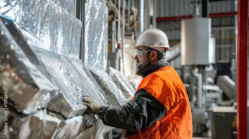 A contractor applies industrial-grade insulation to large equipment in a factory, minimizing heat loss and improving machine efficiency