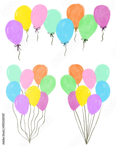 Set collection Colorful pastel soft colors birthday balloons bow ribbon string watercolor crayon hand drawn cute illustration isolated in white